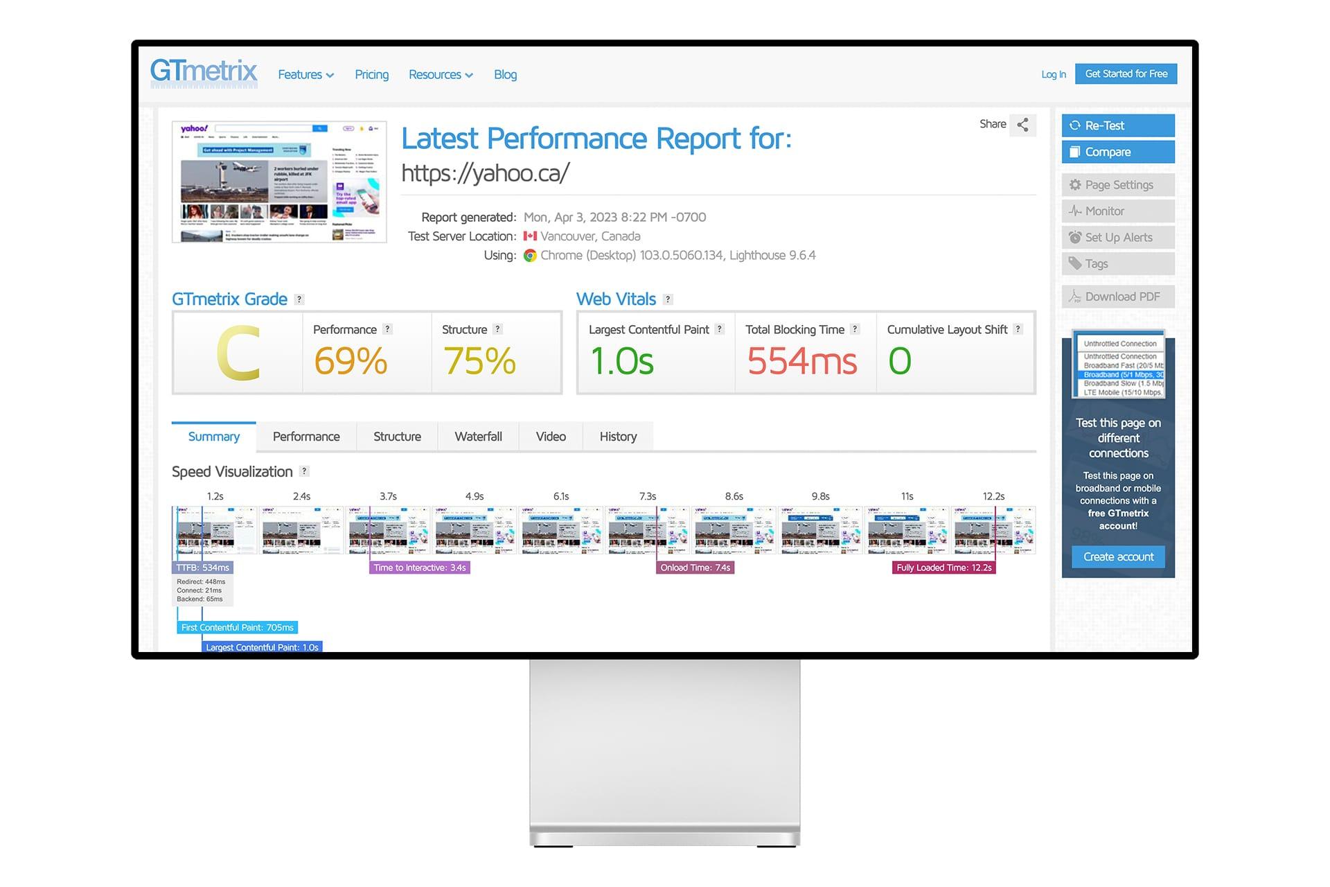 A screengrab of GTmetrix to analyze your website design