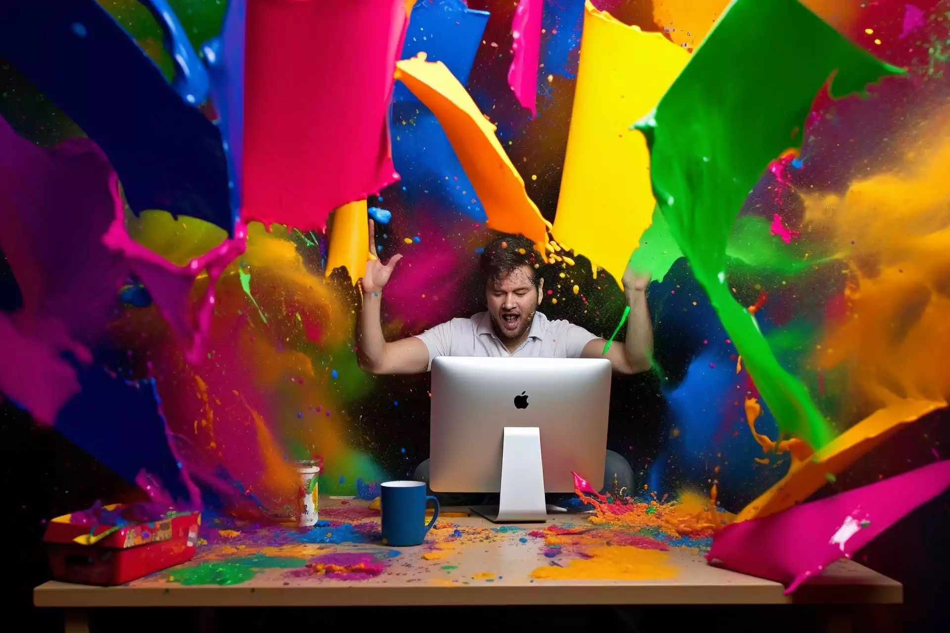 A designer working on a computer with exploding paint