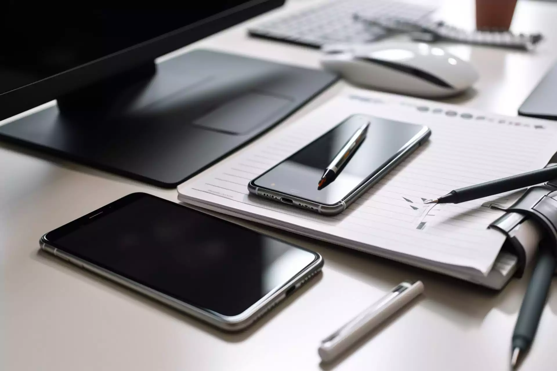 A photograph showing multiple devices used for social media management