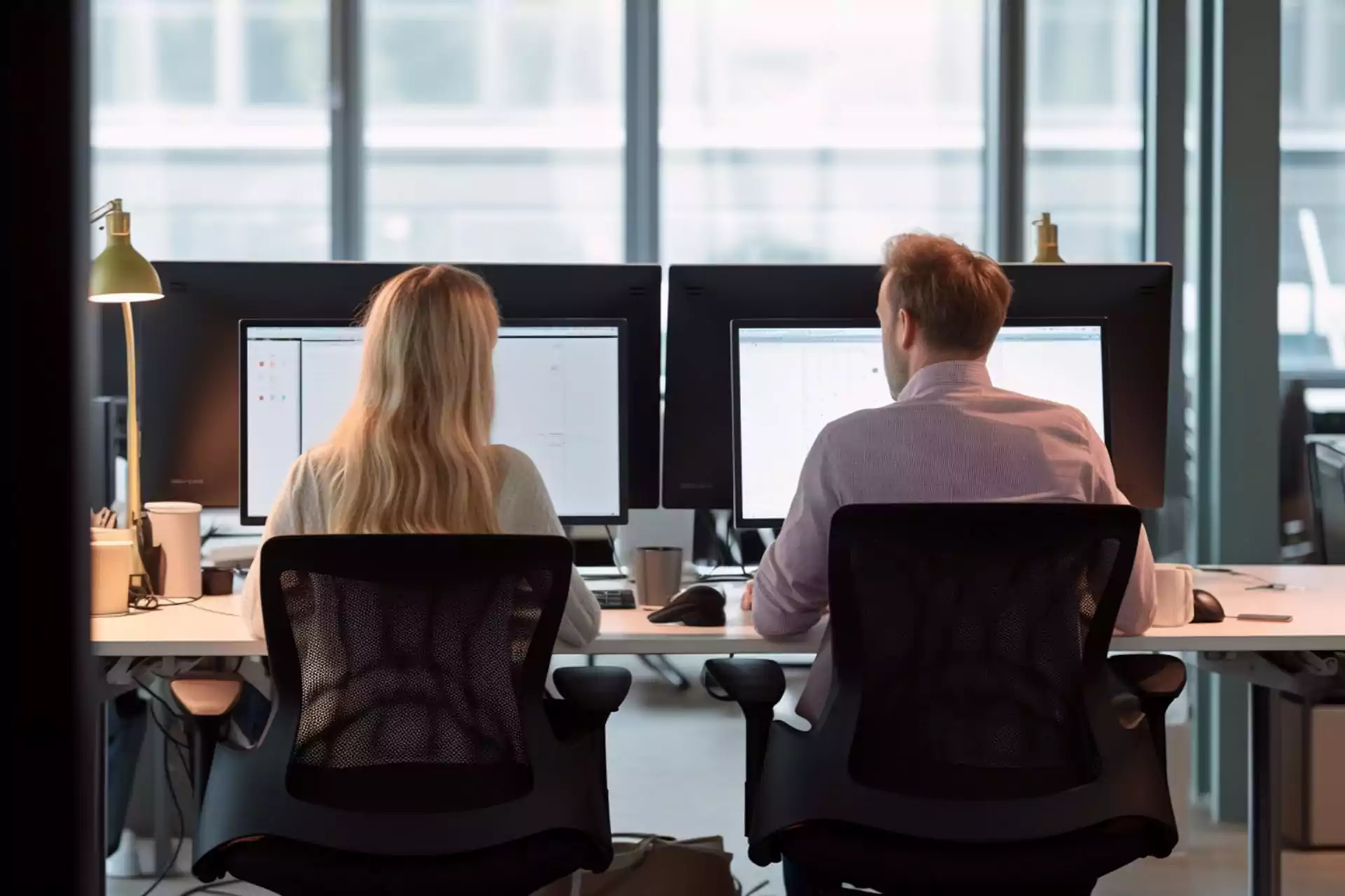 An image of female and male colleagues assessing their website design using free tools