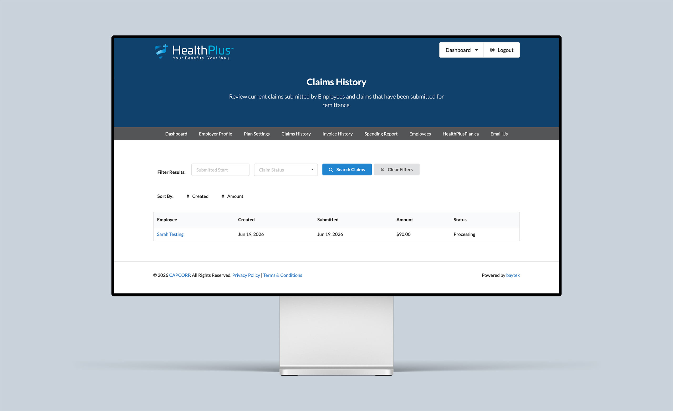 HealthPlus Claims Application open on a desktop computer monitor