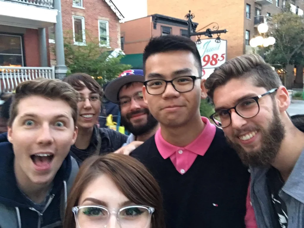 Ian, Sarah, Yvon, Ricky, Matt and Fran posing for a group selfie