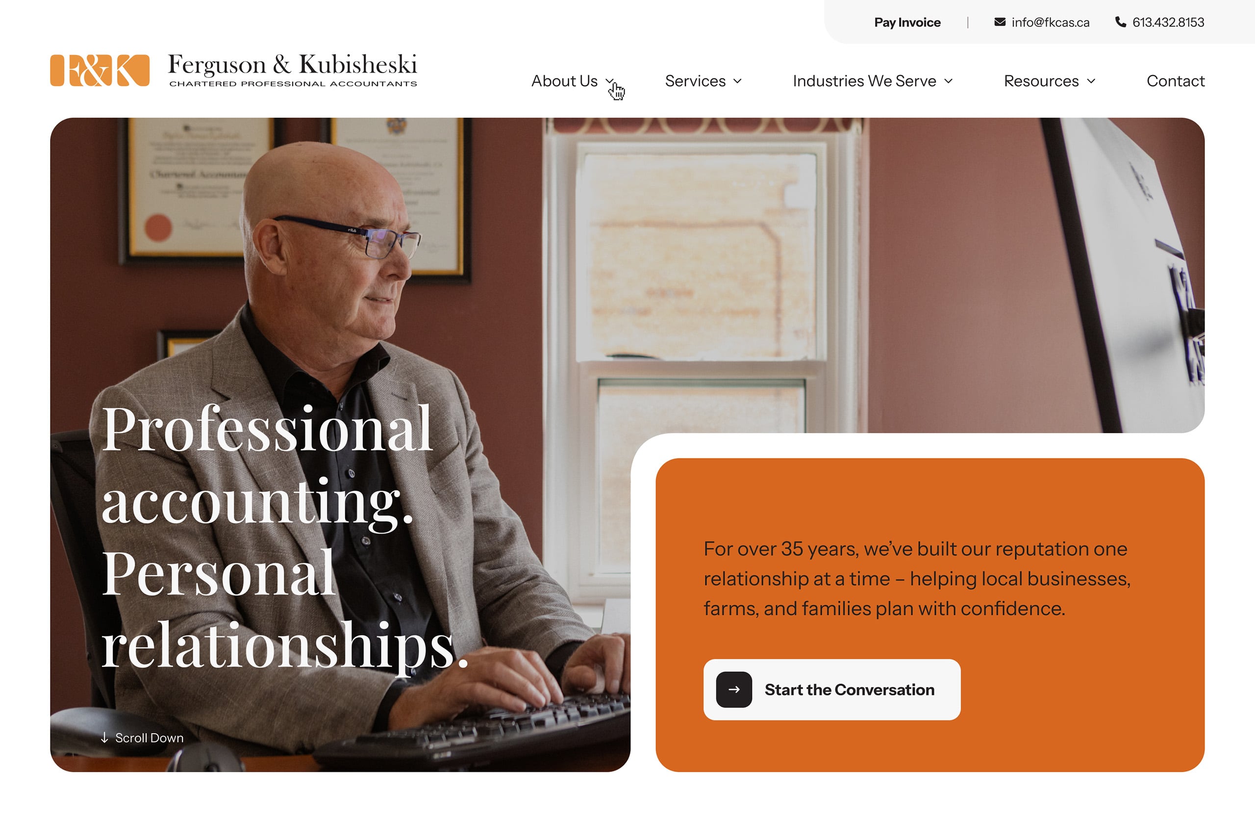 The homepage hero for F&K