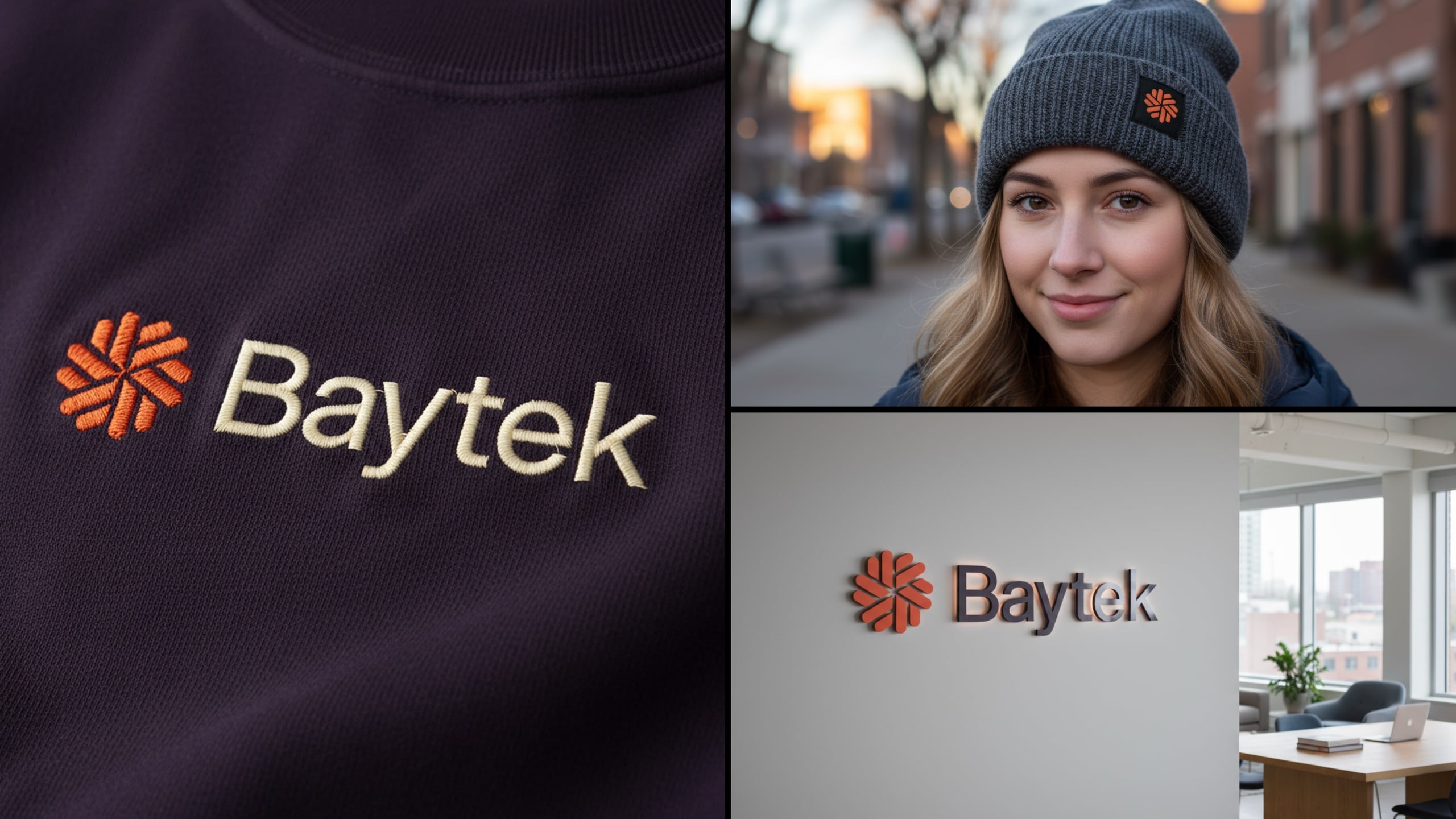 The new Baytek logo on a sweater, hat and sign